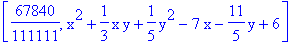 [67840/111111, x^2+1/3*x*y+1/5*y^2-7*x-11/5*y+6]
